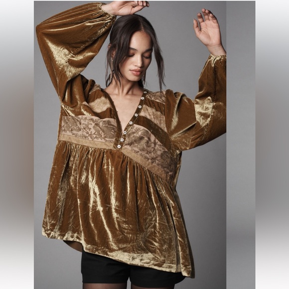 Anthropologie Long Sleeve Velvet Lace Babydoll Top - Picture 2 of 9